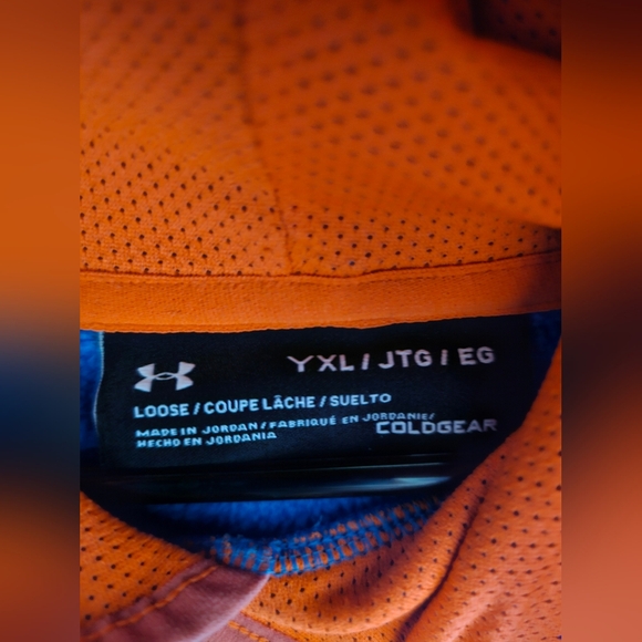 UNDER ARMOUR Youth Sz YXL Cold Gear Hoodie Pullover Sweatshirt Blue Orange Pixel - Picture 4 of 4